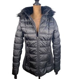 Nautica Women's Black Puffer Jacket with Faux Fur